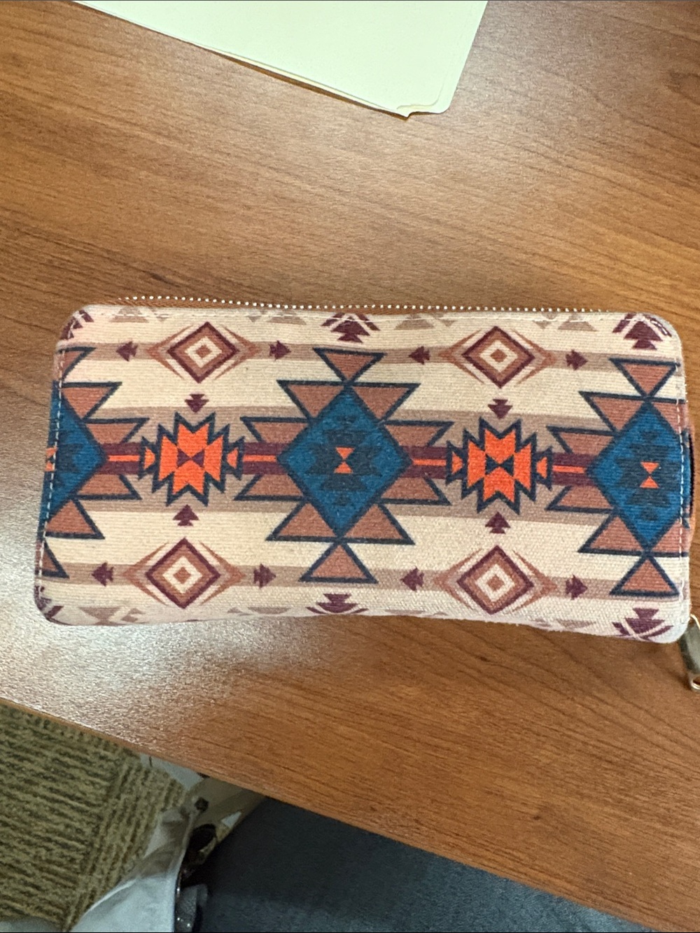 Aztec Print Zip-Around Wallet in Beige, Blue and Orange